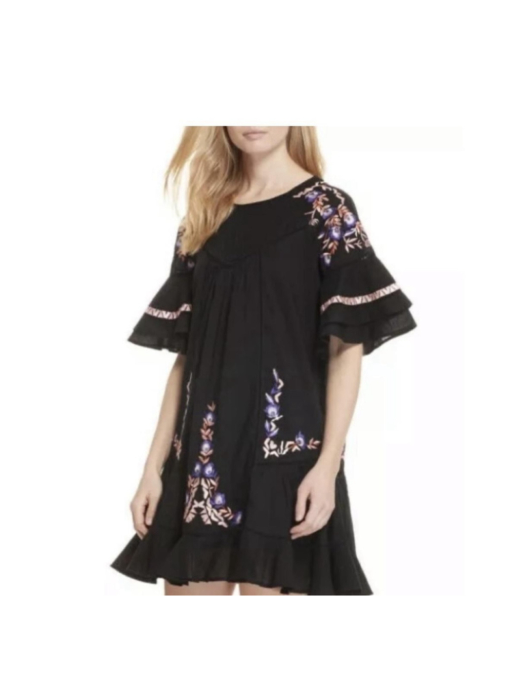 Free People Dress Womens XS Black Embroidered Floral Flutter Sleeve Ruffle Hem
